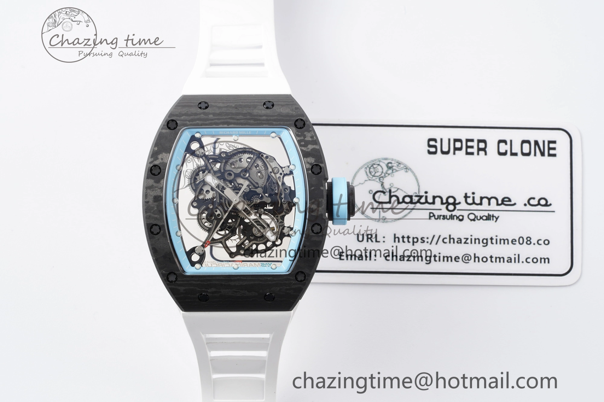 RM055 NTPT BBR Best Edition Skeleton Blue Dial on White Rubber Strap Clone RMUL2