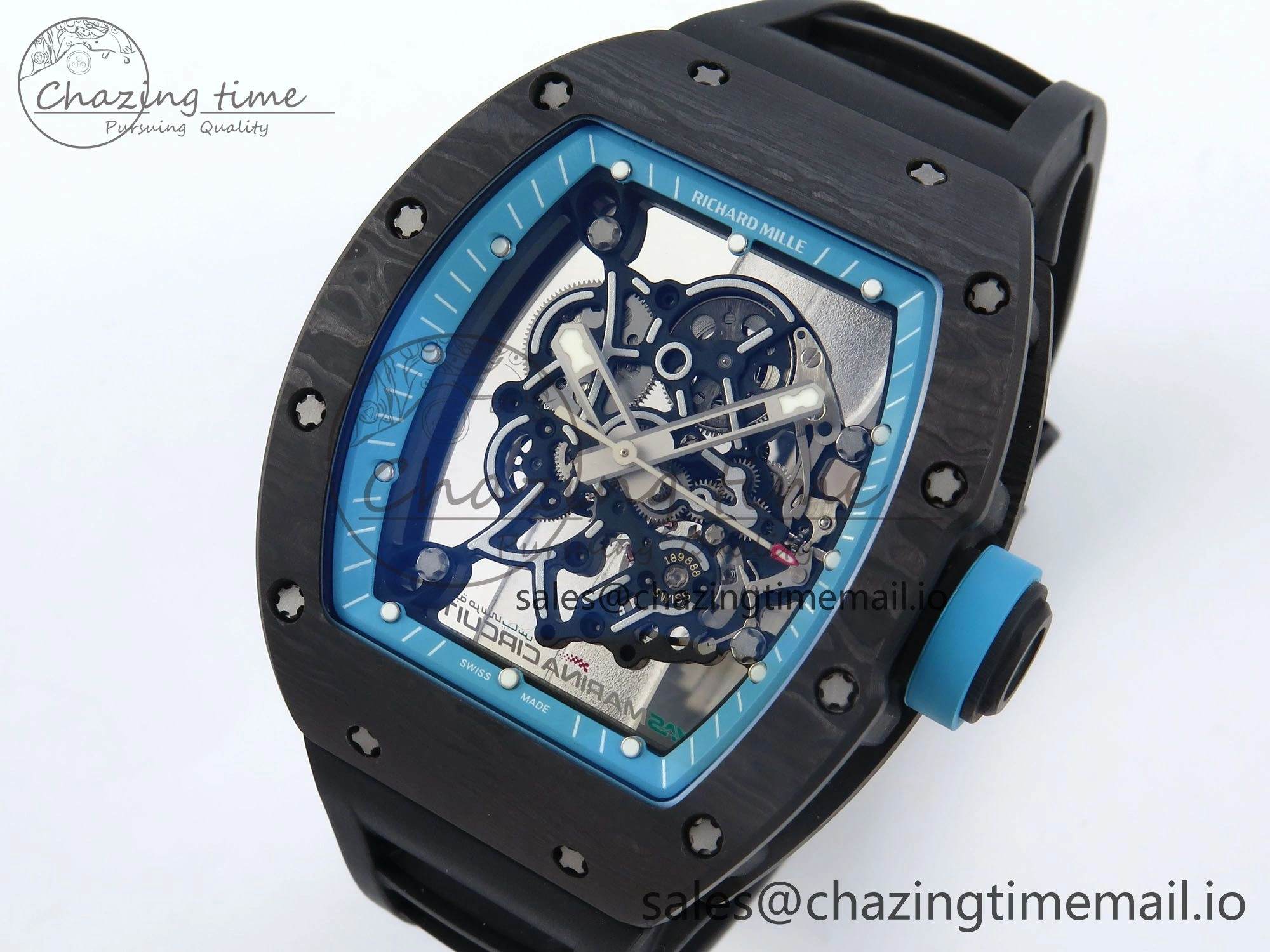 RM055 NTPT UOKF 1:1 Best Edition Blue Inner Bezel Black Crown on Black Rubber Strap RMUL2 Super Clone