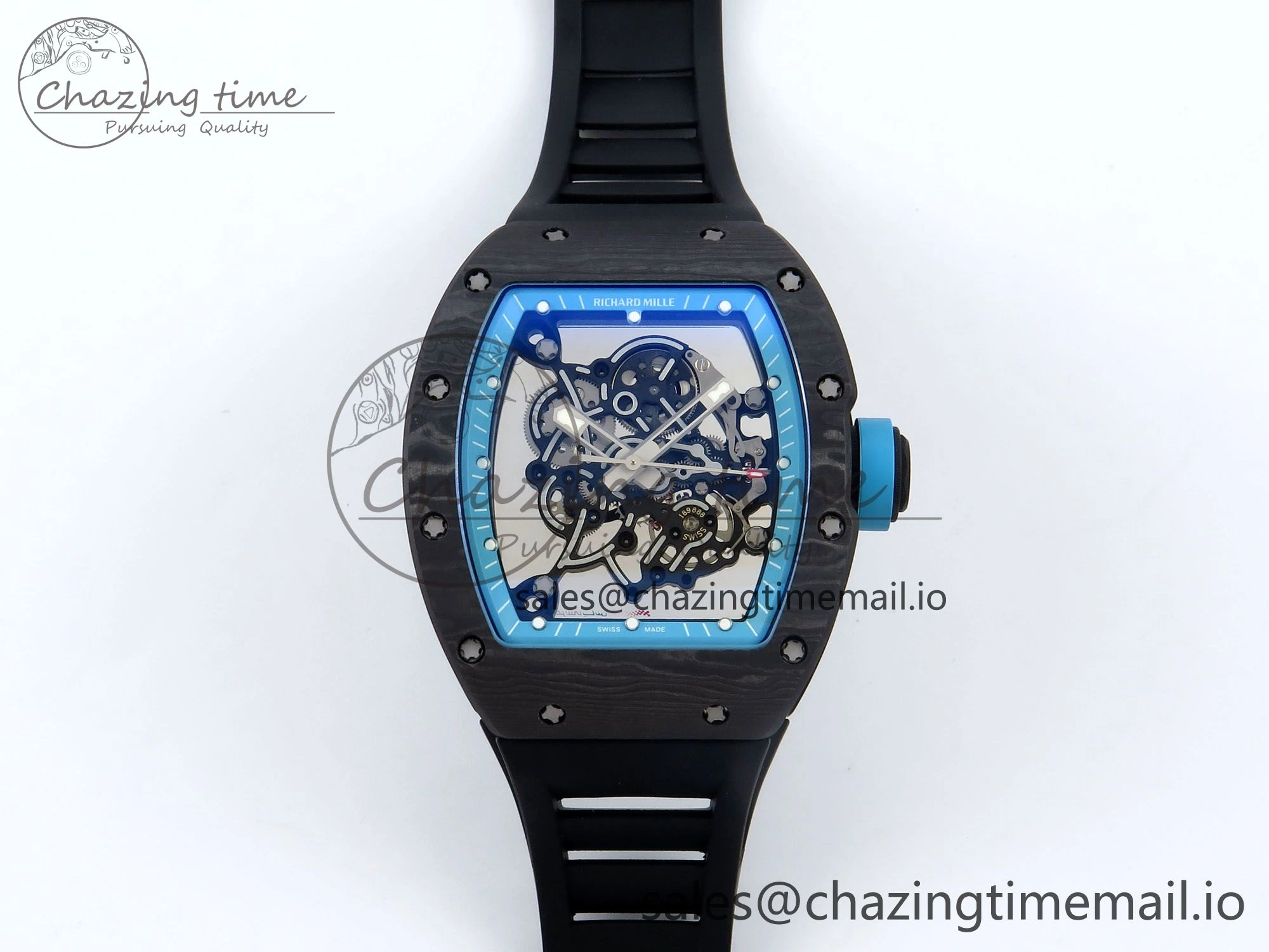 RM055 NTPT UOKF 1:1 Best Edition Blue Inner Bezel Black Crown on Black Rubber Strap RMUL2 Super Clone