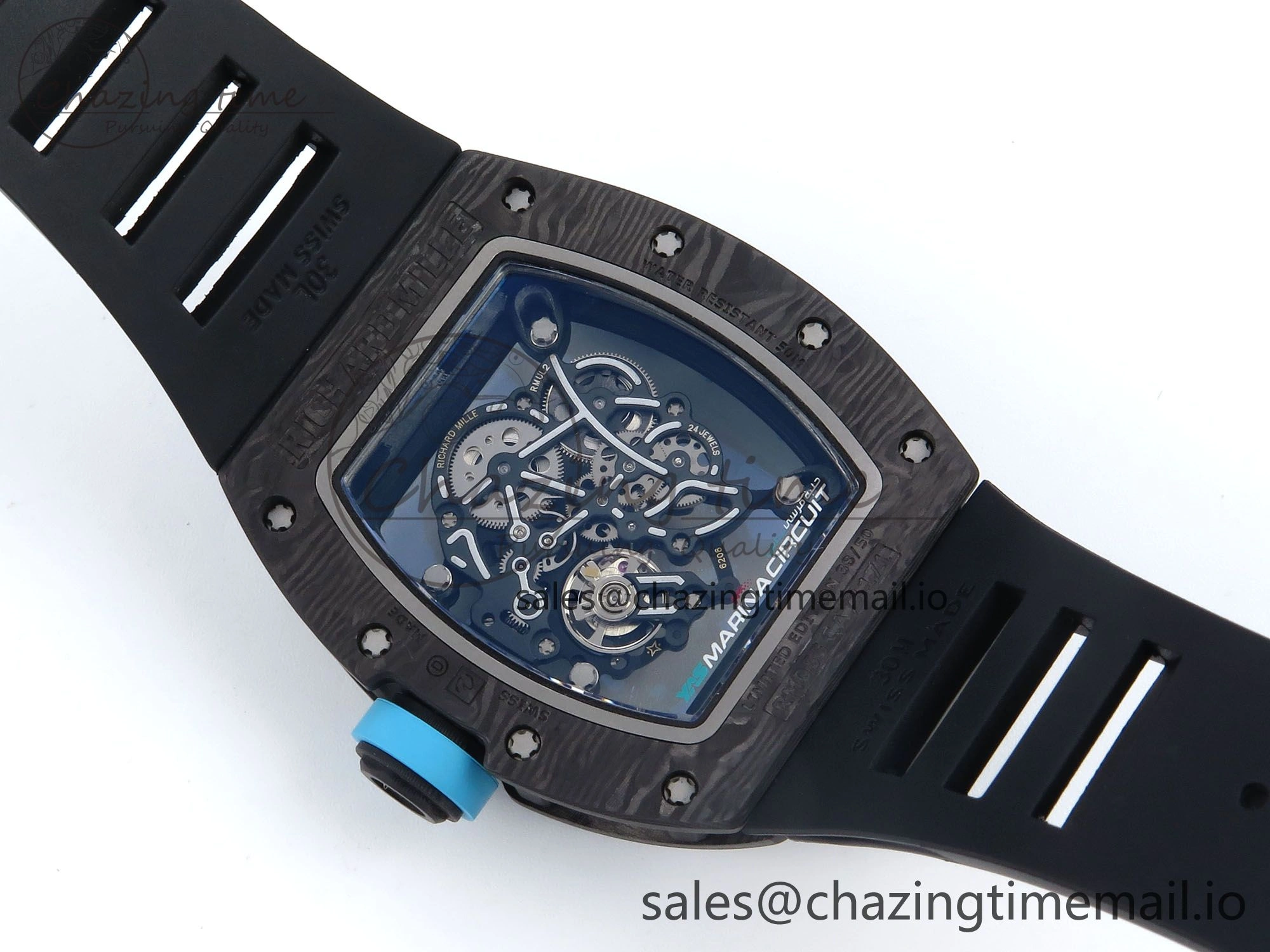 RM055 NTPT UOKF 1:1 Best Edition Blue Inner Bezel Black Crown on Black Rubber Strap RMUL2 Super Clone
