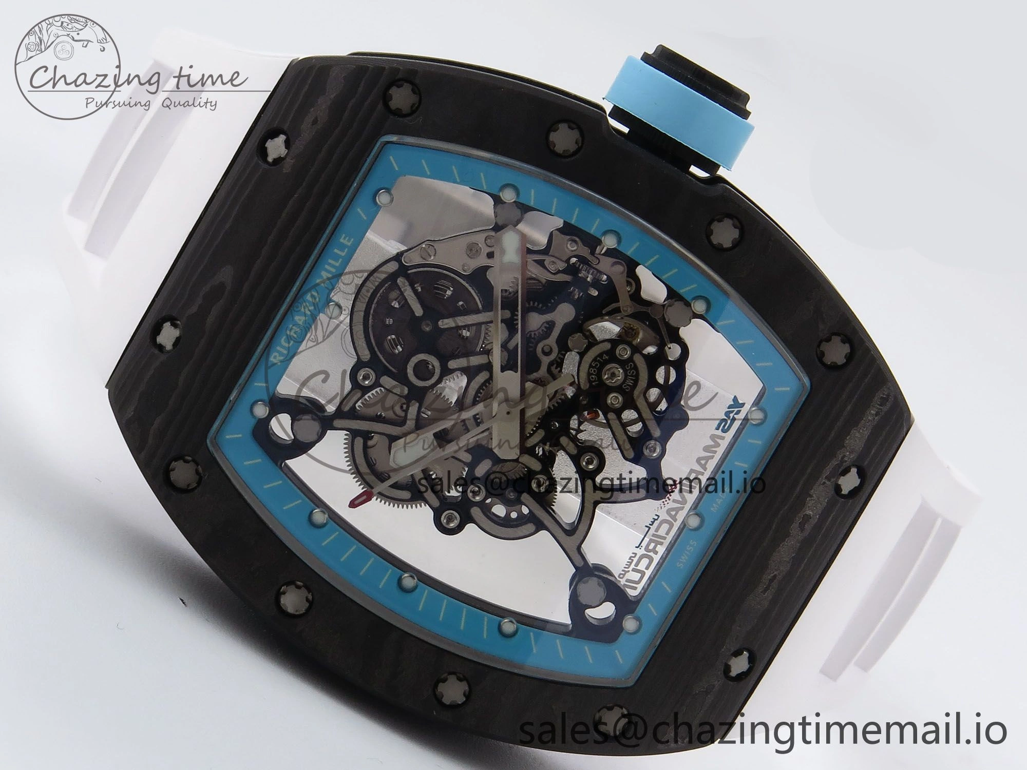 RM055 NTPT YSF 1:1 Best Edition Blue Bezel Blue Crown on White Rubber Strap RMUL2 Super Clone