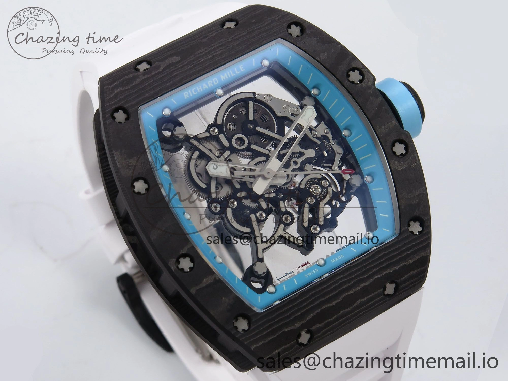 RM055 NTPT YSF 1:1 Best Edition Blue Bezel Blue Crown on White Rubber Strap RMUL2 Super Clone