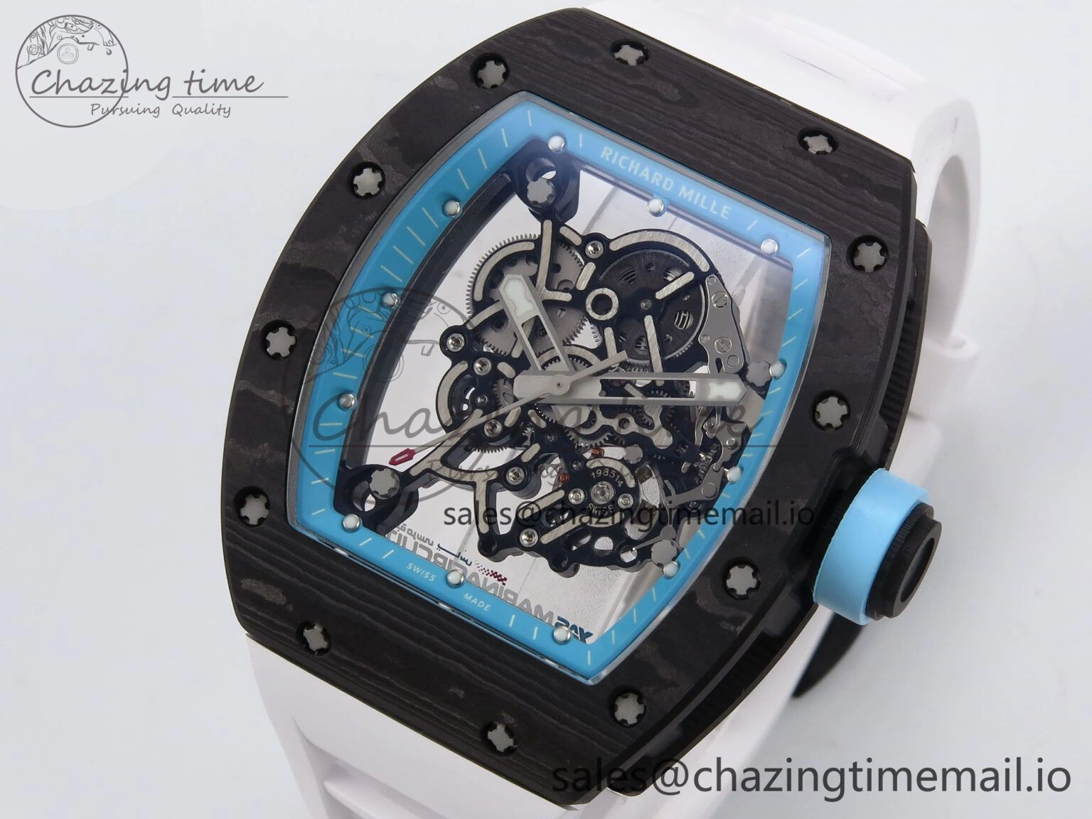 RM055 NTPT YSF 1:1 Best Edition Blue Bezel Blue Crown on White Rubber Strap RMUL2 Super Clone