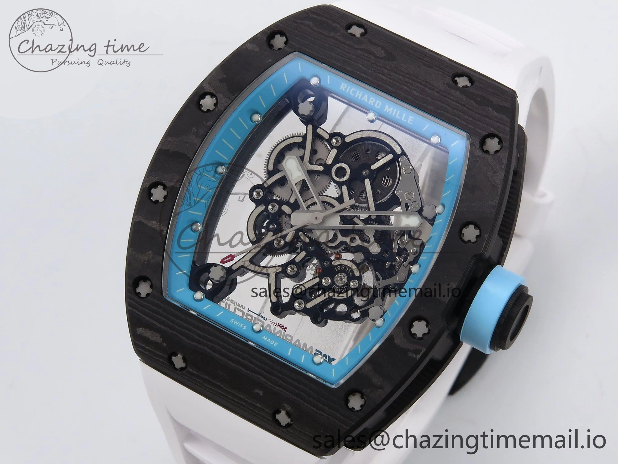 RM055 NTPT YSF 1:1 Best Edition Blue Bezel Blue Crown on White Rubber Strap RMUL2 Super Clone