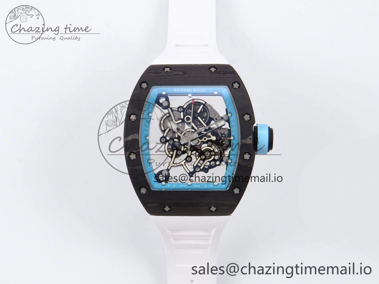 RM055 NTPT YSF 1:1 Best Edition Blue Bezel Blue Crown on White Rubber Strap RMUL2 Super Clone