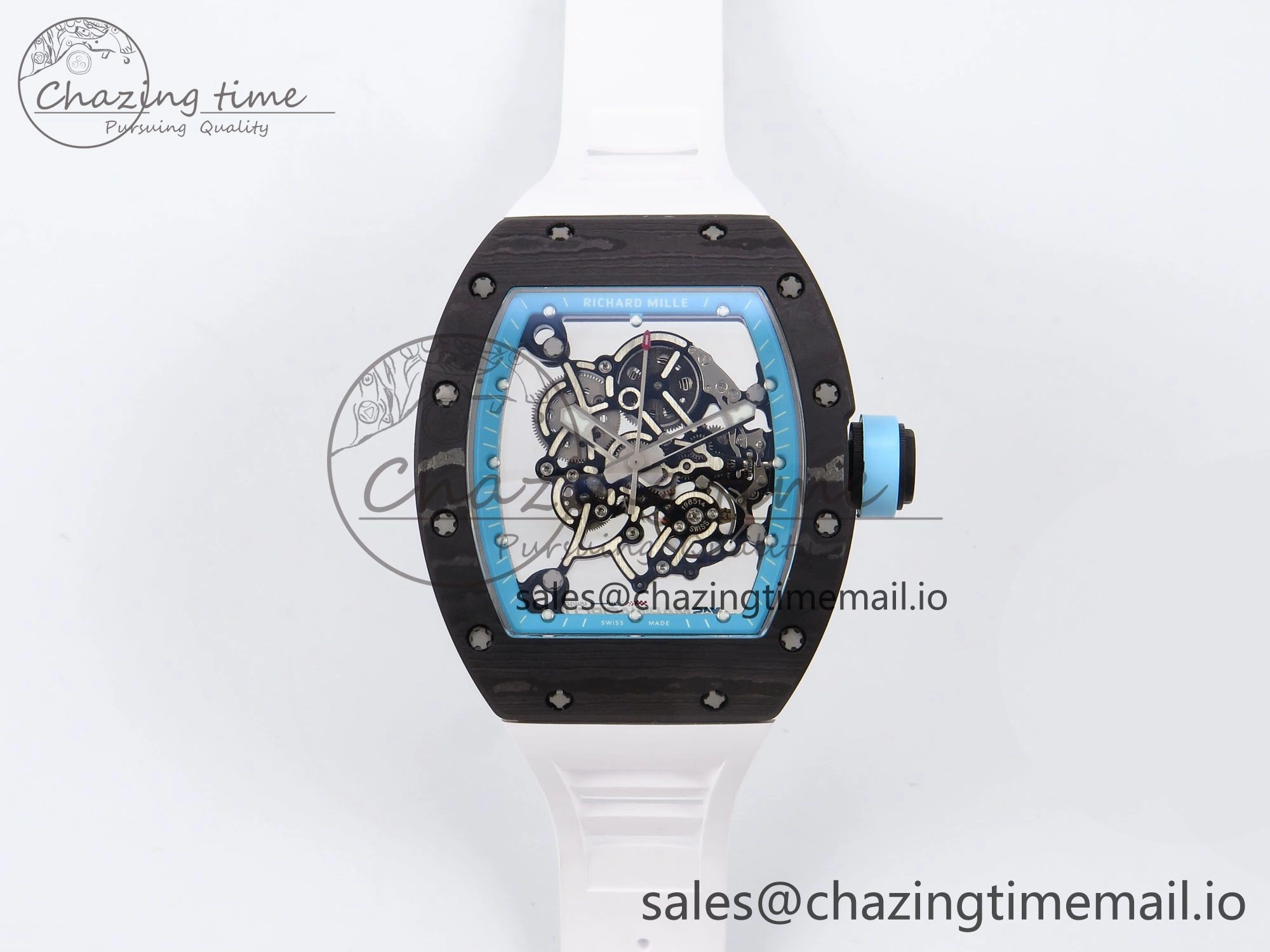 RM055 NTPT YSF 1:1 Best Edition Blue Bezel Blue Crown on White Rubber Strap RMUL2 Super Clone
