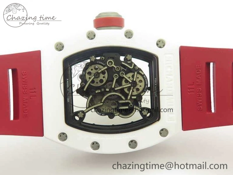 RM055 Real All White Ceramic KVF Best Edition Skeleton Dial Red On Red Rubber Strap MIYOTA8215 V2