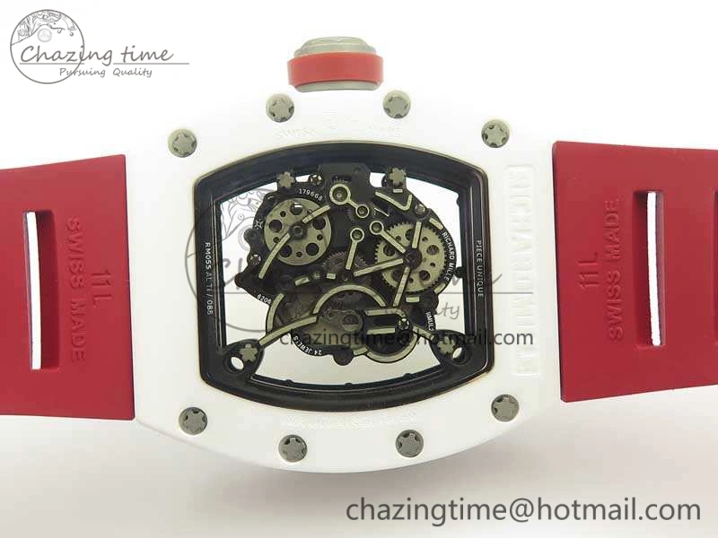 RM055 Real All White Ceramic KVF Best Edition Skeleton Dial Red On Red Rubber Strap MIYOTA8215 V2
