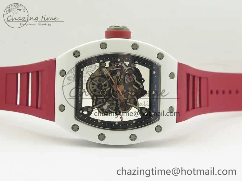 RM055 Real All White Ceramic KVF Best Edition Skeleton Dial Red On Red Rubber Strap MIYOTA8215 V2