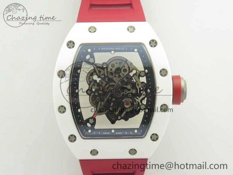 RM055 Real All White Ceramic KVF Best Edition Skeleton Dial Red On Red Rubber Strap MIYOTA8215 V2