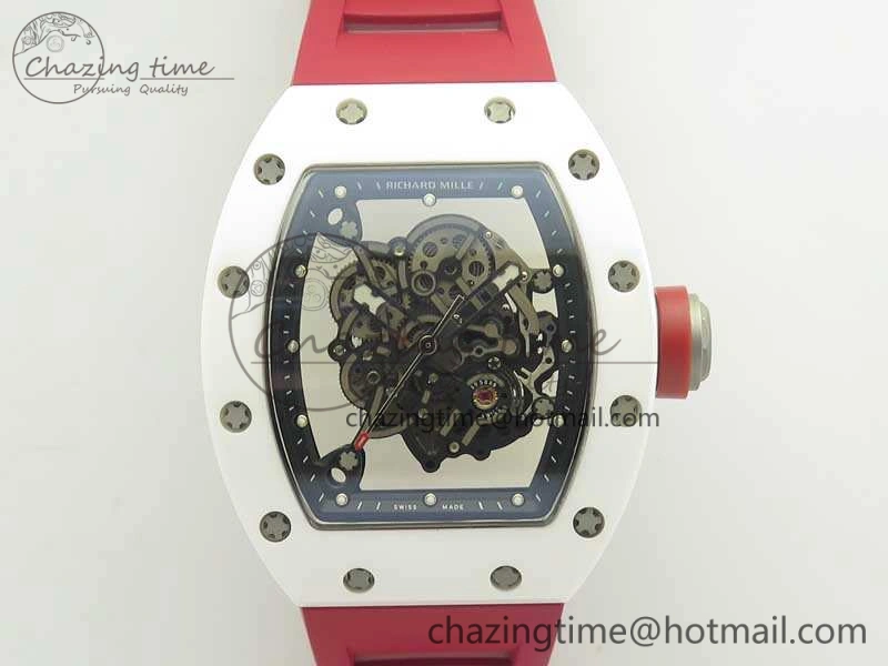 RM055 Real All White Ceramic KVF Best Edition Skeleton Dial Red On Red Rubber Strap MIYOTA8215 V2
