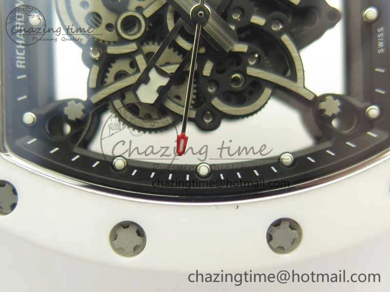 RM055 Real All White Ceramic KVF Best Edition Skeleton Dial Red On Rubber Strap MIYOTA8215 V2