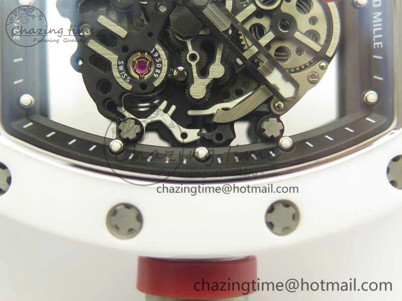 RM055 Real All White Ceramic KVF Best Edition Skeleton Dial Red On Rubber Strap MIYOTA8215 V2