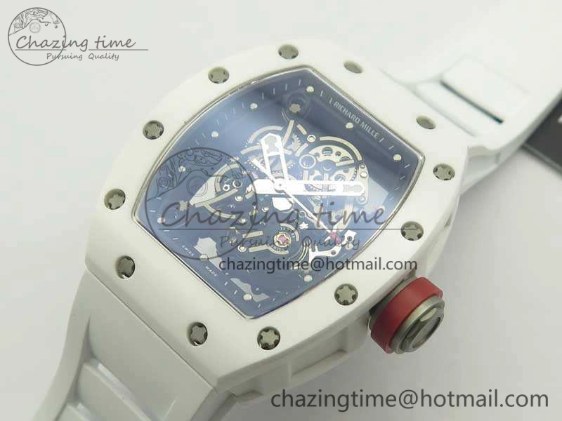 RM055 Real All White Ceramic KVF Best Edition Skeleton Dial Red On Rubber Strap MIYOTA8215 V2