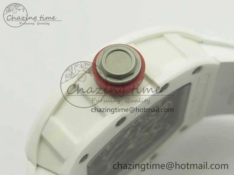 RM055 Real All White Ceramic KVF Best Edition Skeleton Dial Red On Rubber Strap MIYOTA8215 V2