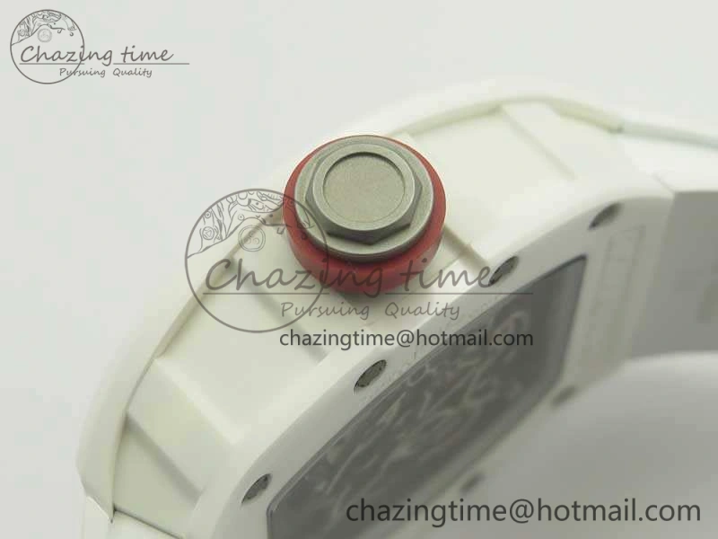 RM055 Real All White Ceramic KVF Best Edition Skeleton Dial Red On Rubber Strap MIYOTA8215 V2