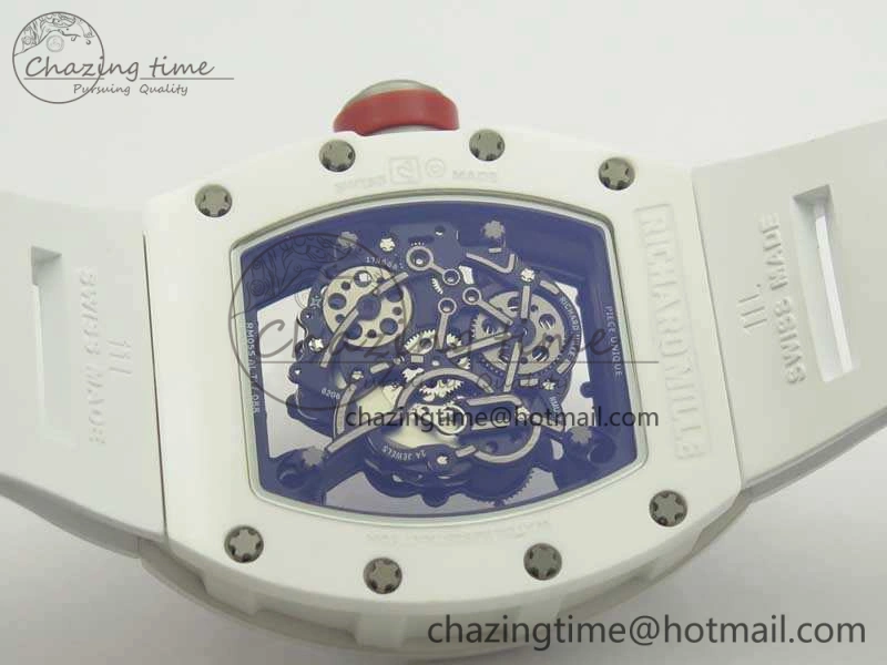 RM055 Real All White Ceramic KVF Best Edition Skeleton Dial Red On Rubber Strap MIYOTA8215 V2