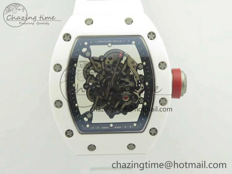 RM055 Real All White Ceramic KVF Best Edition Skeleton Dial Red On Rubber Strap MIYOTA8215 V2