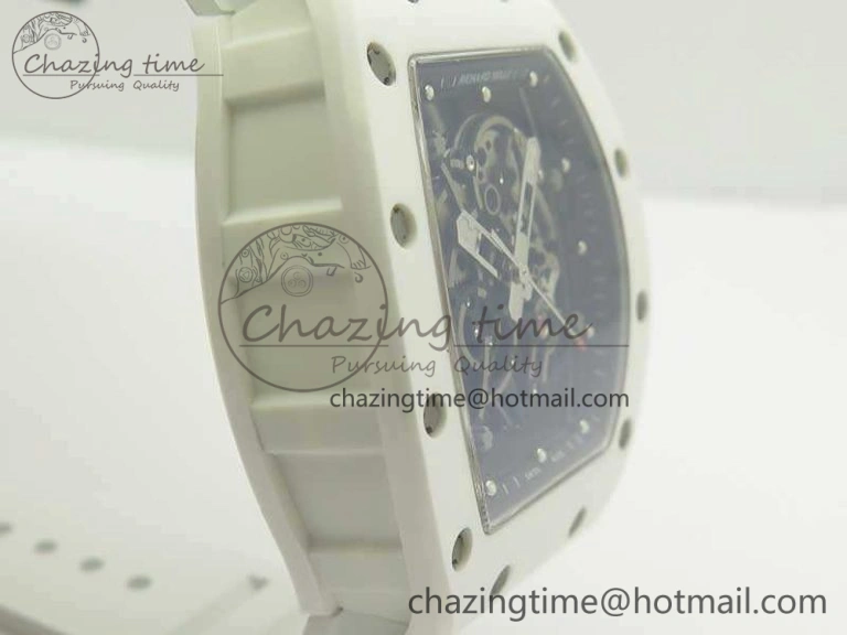 RM055 Real All White Ceramic KVF Best Edition Skeleton Dial Red On Rubber Strap MIYOTA8215 V2