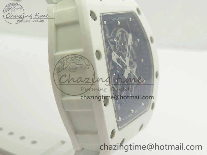 RM055 Real All White Ceramic KVF Best Edition Skeleton Dial Red On Rubber Strap MIYOTA8215 V2