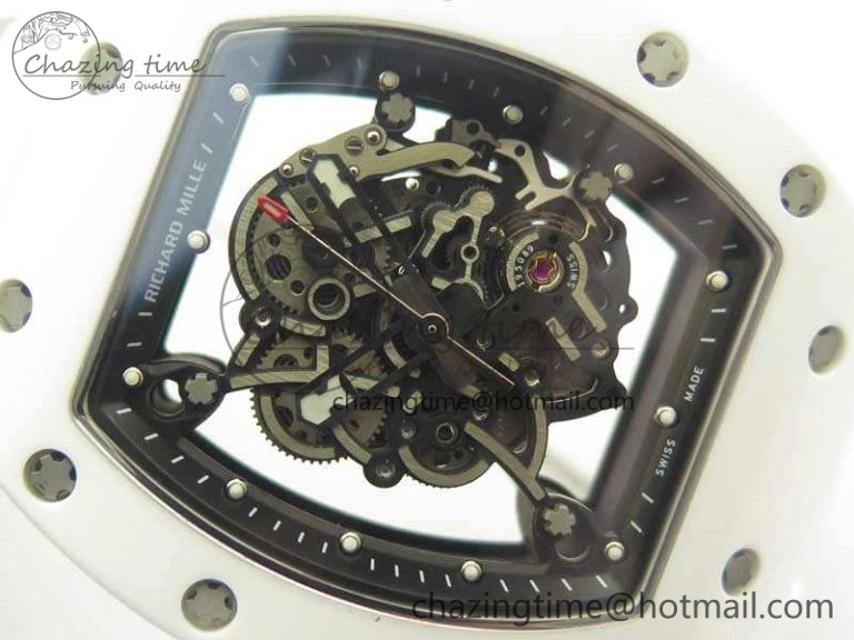 RM055 Real All White Ceramic KVF Best Edition Skeleton Dial Red On Rubber Strap MIYOTA8215 V2