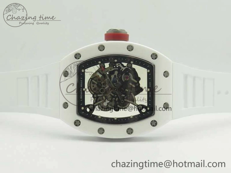 RM055 Real All White Ceramic KVF Best Edition Skeleton Dial Red On Rubber Strap MIYOTA8215 V2