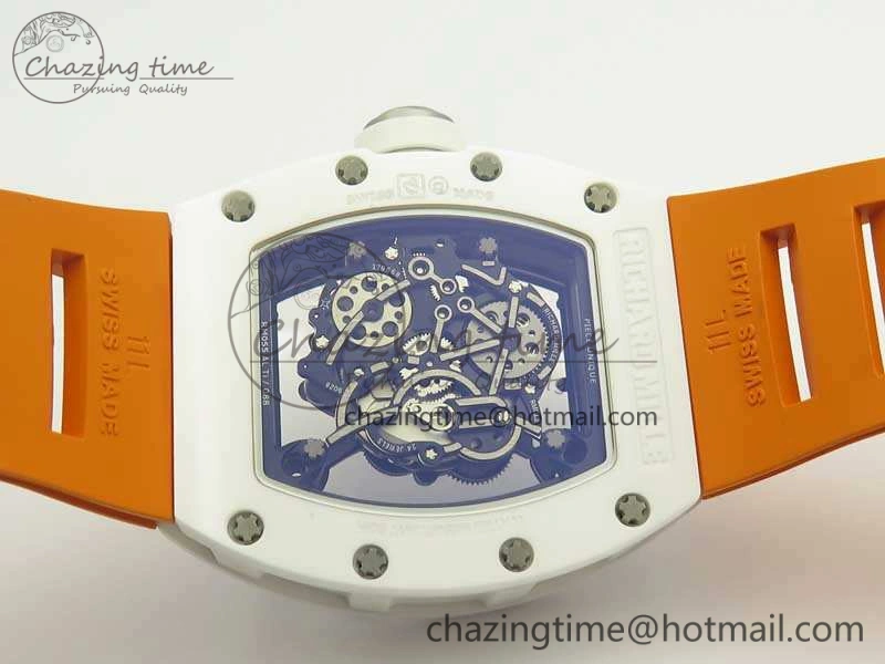 RM055 Real All White Ceramic KVF Best Edition Skeleton Dial White On Orange Rubber Strap MIYOTA8215 V2