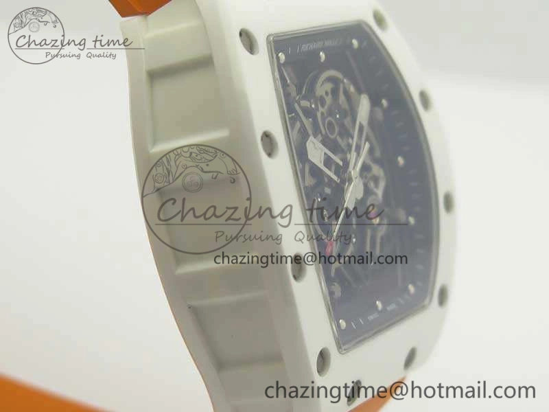 RM055 Real All White Ceramic KVF Best Edition Skeleton Dial White On Orange Rubber Strap MIYOTA8215 V2