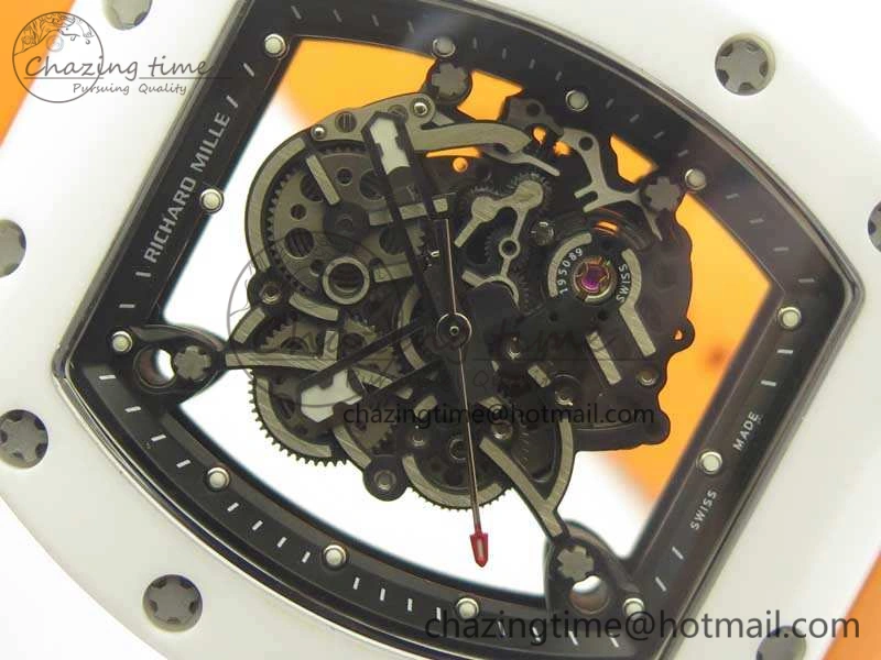 RM055 Real All White Ceramic KVF Best Edition Skeleton Dial White On Orange Rubber Strap MIYOTA8215 V2