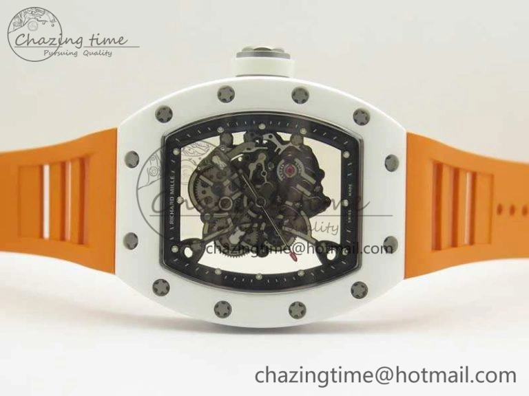 RM055 Real All White Ceramic KVF Best Edition Skeleton Dial White On Orange Rubber Strap MIYOTA8215 V2