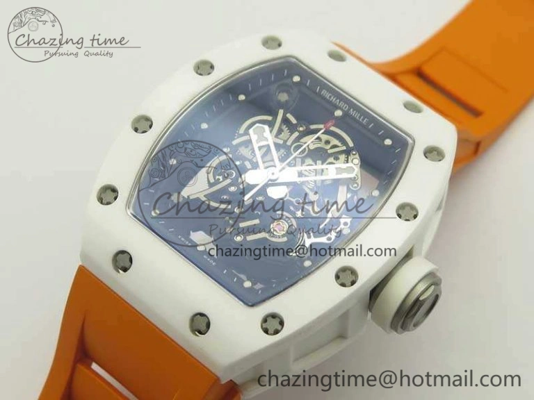 RM055 Real All White Ceramic KVF Best Edition Skeleton Dial White On Orange Rubber Strap MIYOTA8215 V2