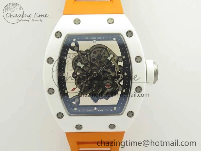 RM055 Real All White Ceramic KVF Best Edition Skeleton Dial White On Orange Rubber Strap MIYOTA8215 V2