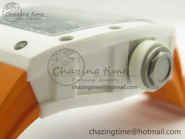 RM055 Real All White Ceramic KVF Best Edition Skeleton Dial White On Orange Rubber Strap MIYOTA8215 V2