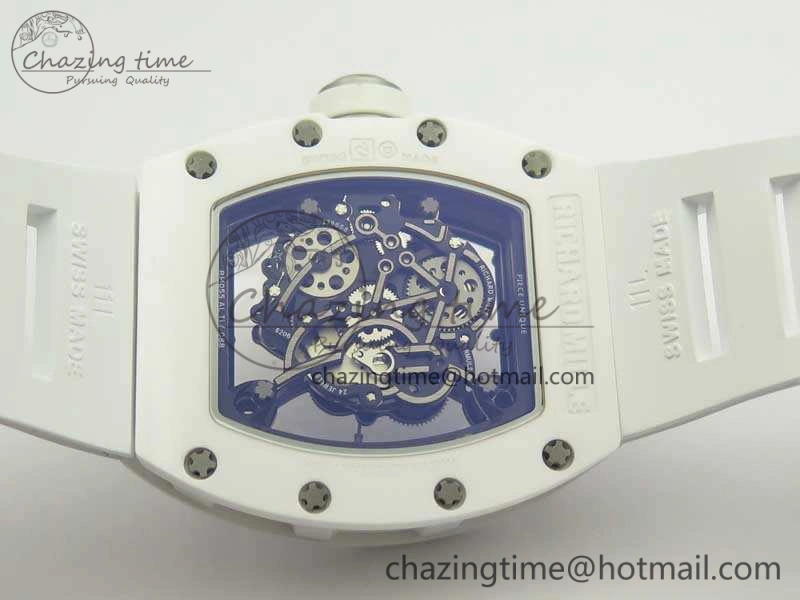 RM055 Real All White Ceramic KVF Best Edition Skeleton Dial White On Rubber Strap MIYOTA8215 V2