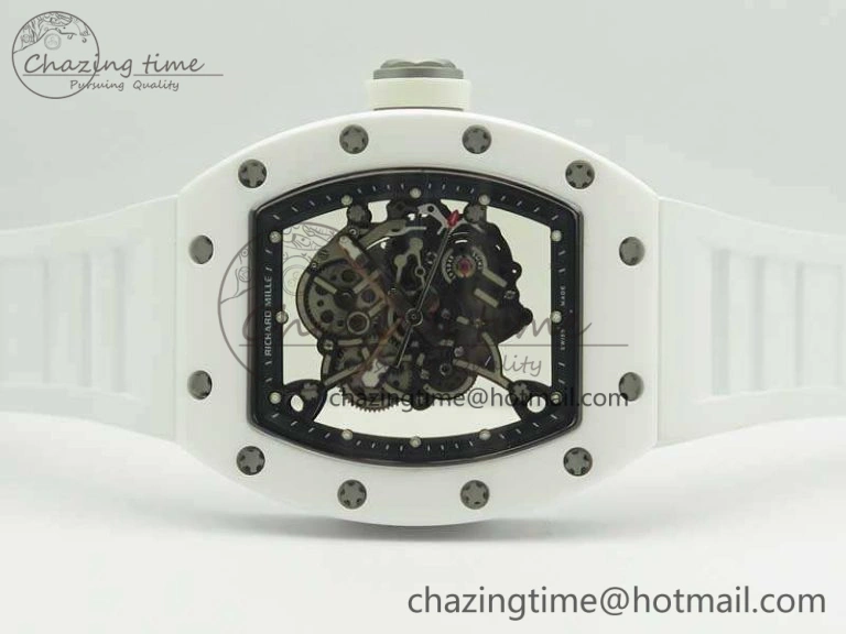 RM055 Real All White Ceramic KVF Best Edition Skeleton Dial White On Rubber Strap MIYOTA8215 V2