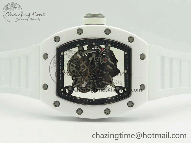 RM055 Real All White Ceramic KVF Best Edition Skeleton Dial White On Rubber Strap MIYOTA8215 V2