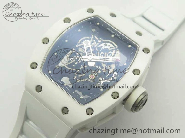 RM055 Real All White Ceramic KVF Best Edition Skeleton Dial White On Rubber Strap MIYOTA8215 V2