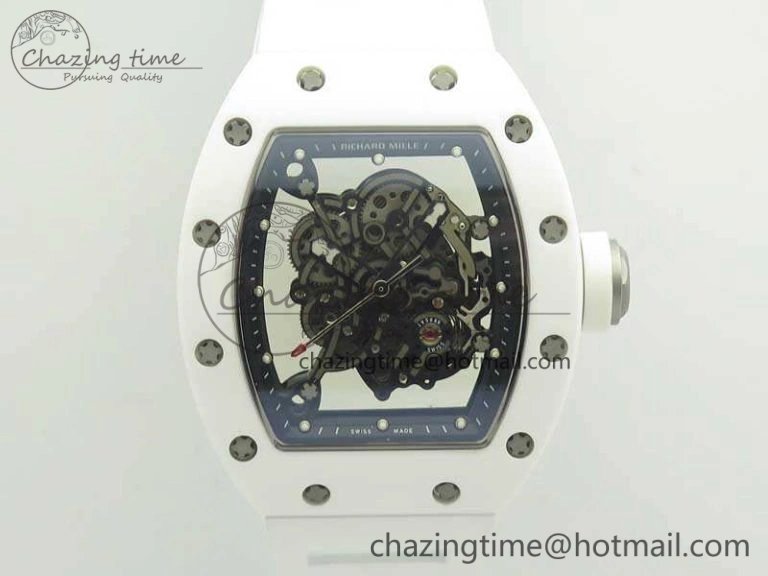 RM055 Real All White Ceramic KVF Best Edition Skeleton Dial White On Rubber Strap MIYOTA8215 V2