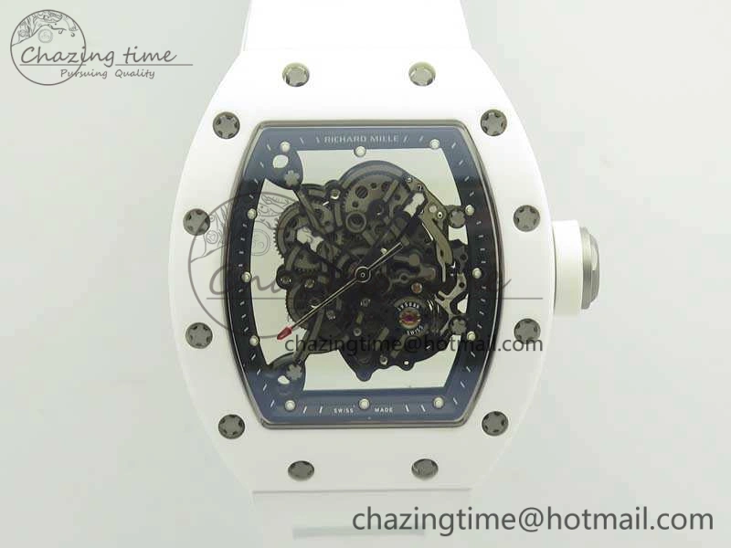 RM055 Real All White Ceramic KVF Best Edition Skeleton Dial White On Rubber Strap MIYOTA8215 V2
