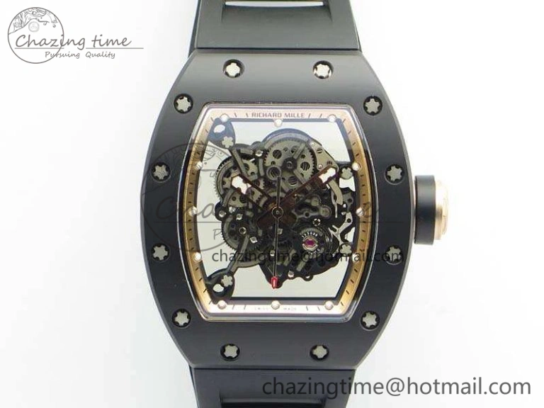 RM055 Real Ceramic Case KVF Best Edition Skeleton Dial RG Crown On Rubber Strap MIYOTA8215