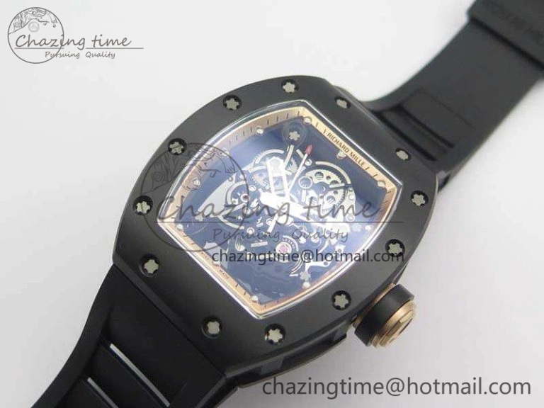 RM055 Real Ceramic Case KVF Best Edition Skeleton Dial RG Crown On Rubber Strap MIYOTA8215