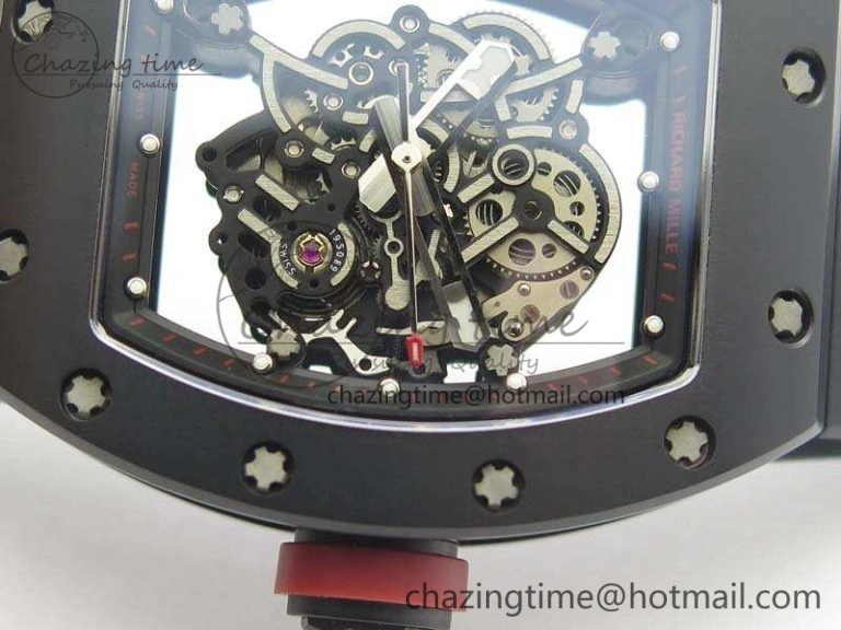 RM055 Real Ceramic Case KVF Best Edition Skeleton Dial Red Crown On Rubber Strap MIYOTA8215