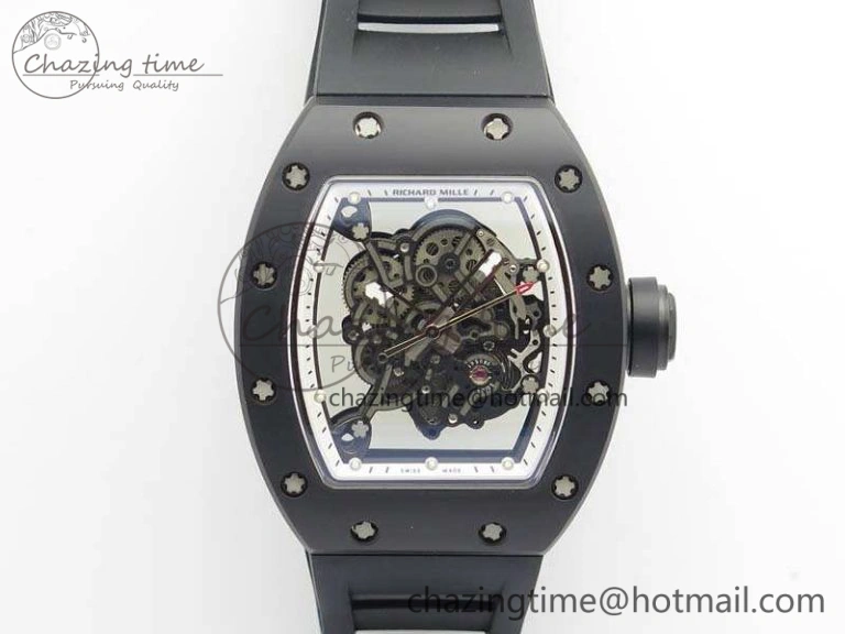 RM055 Real Ceramic Case KVF Best Edition Skeleton Dial White Inner Bezel On Rubber Strap MIYOTA8215