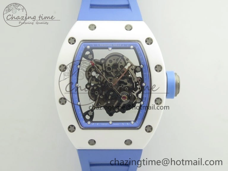 RM055 Real White Ceramic Case KVF Best Edition Blue Inner Bezel Skeleton Dial Blue On Blue Rubber Strap MIYOTA8215 V2