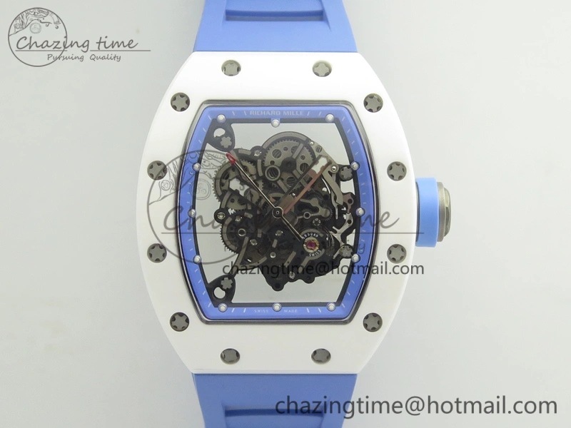 RM055 Real White Ceramic Case KVF Best Edition Blue Inner Bezel Skeleton Dial Blue On Blue Rubber Strap MIYOTA8215 V2