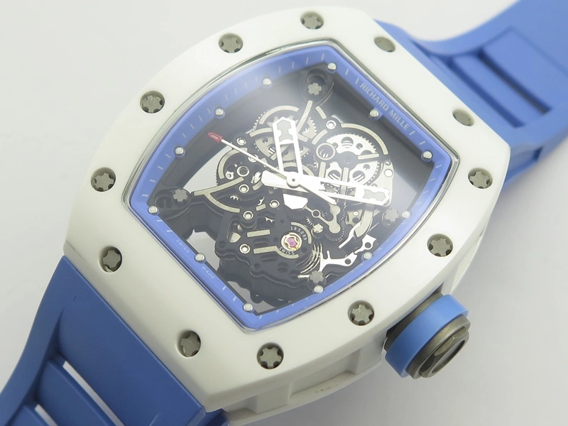 RM055 Real White Ceramic Case KVF Best Edition Blue Inner Bezel Skeleton Dial Blue On Blue Rubber Strap MIYOTA8215 V2