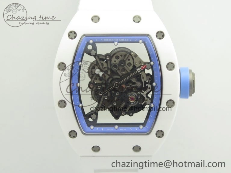 RM055 Real White Ceramic Case KVF Best Edition Blue Inner Bezel Skeleton Dial Blue On White Rubber Strap MIYOTA8215 V2