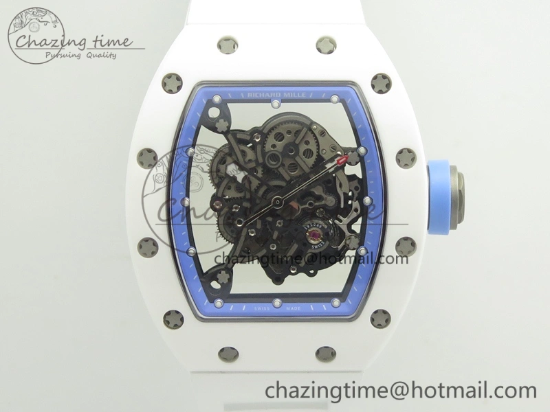 RM055 Real White Ceramic Case KVF Best Edition Blue Inner Bezel Skeleton Dial Blue On White Rubber Strap MIYOTA8215 V2