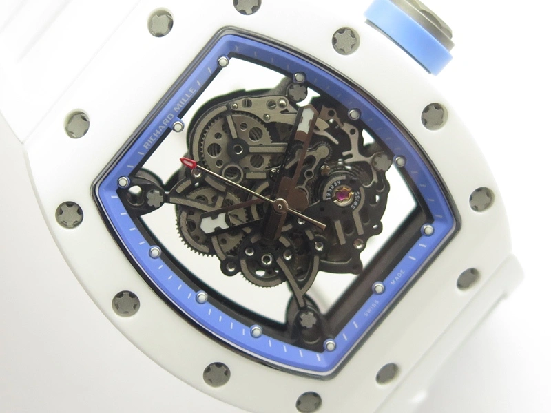 RM055 Real White Ceramic Case KVF Best Edition Blue Inner Bezel Skeleton Dial Blue On White Rubber Strap MIYOTA8215 V2