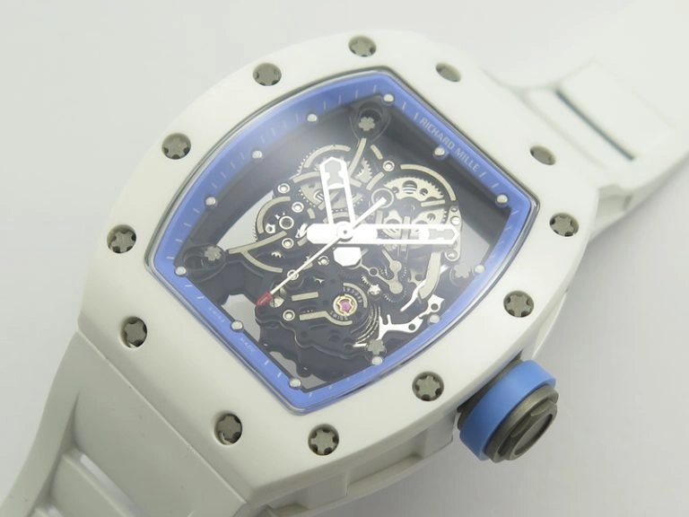 RM055 Real White Ceramic Case KVF Best Edition Blue Inner Bezel Skeleton Dial Blue On White Rubber Strap MIYOTA8215 V2